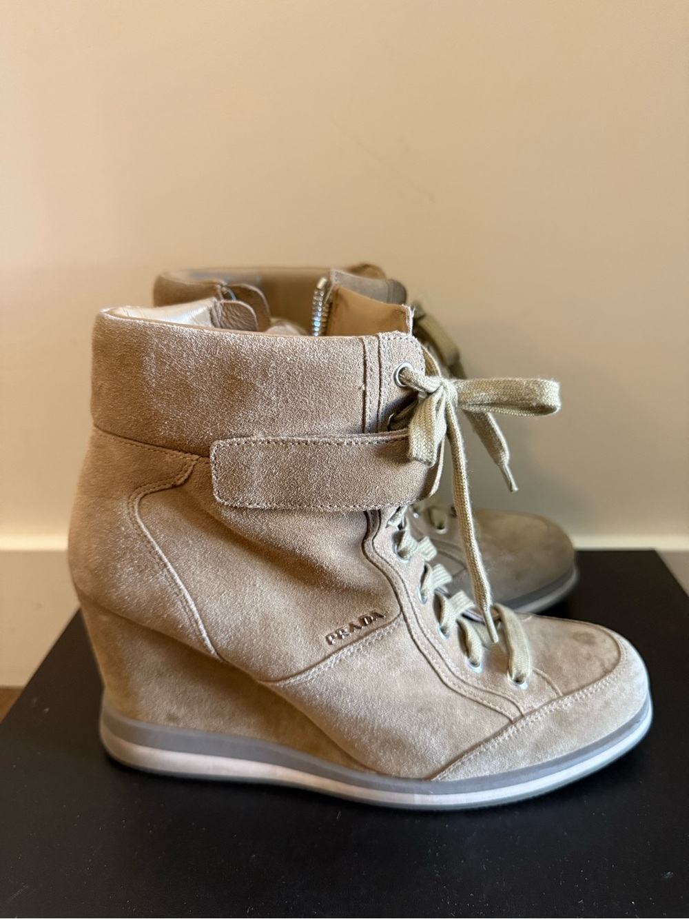 Prada Suede Wedge Lace-Up Ankle Boot in Beige Size 38.5